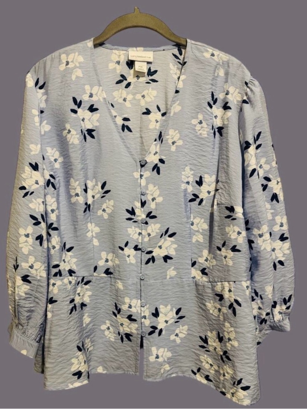 Sky Blue White Floral Button Up Chiffon Blouse Fairy Office Size PXL